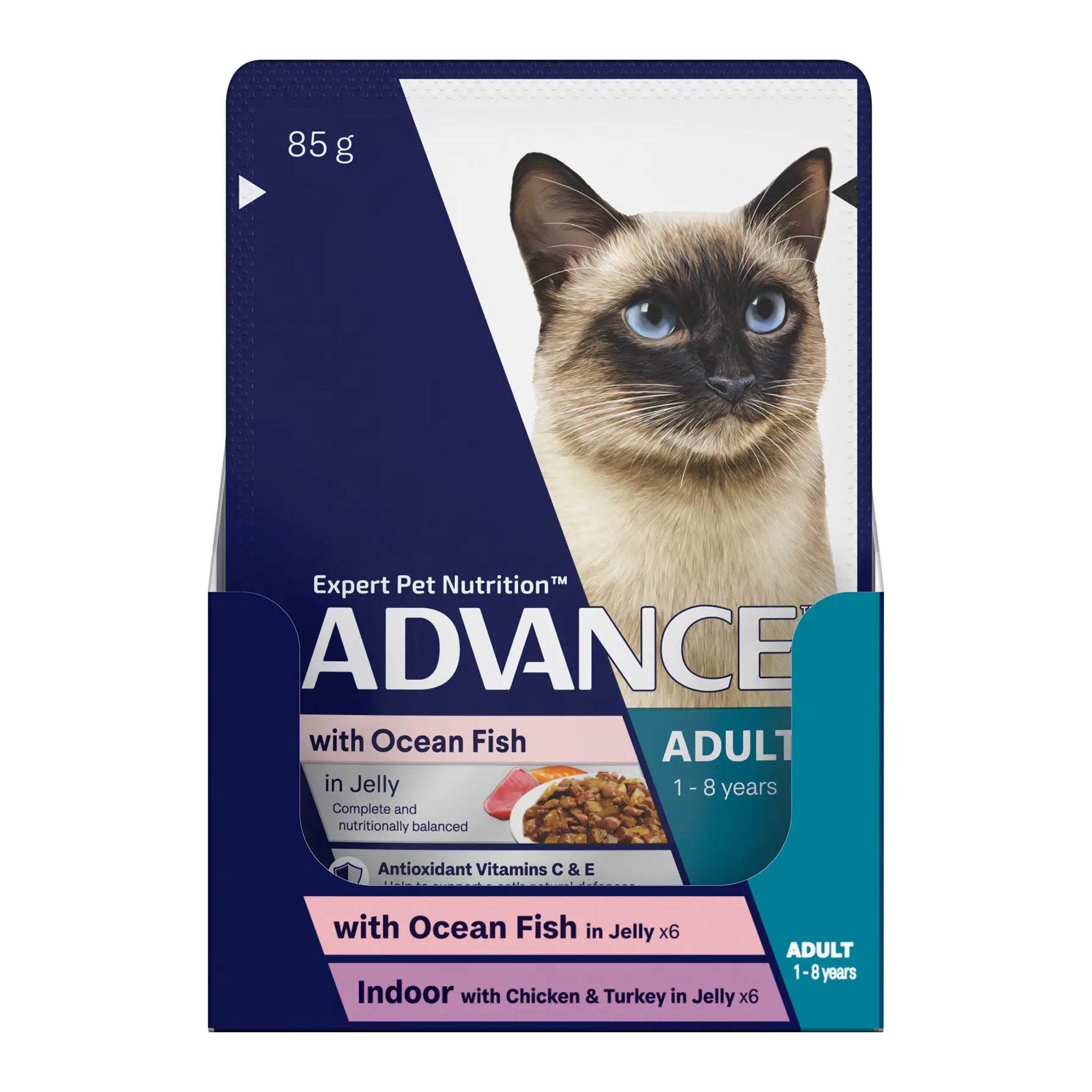 Advance Cat Adult with Ocean Fish in Jelly & Indoor Cat Chicken & Turkey Pouches 12 x 85g