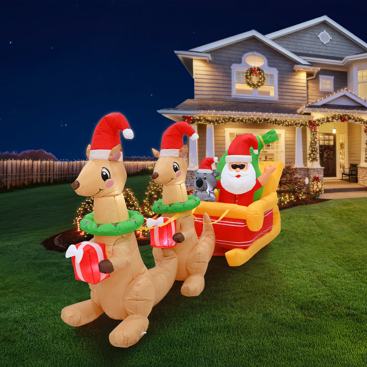 Inflatable Santa Koala Sleigh 2 Kangaroos 300cm