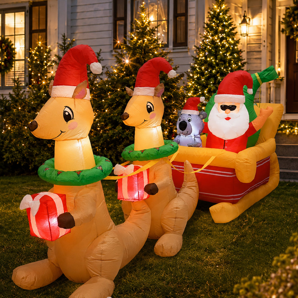 Inflatable Santa Koala Sleigh 2 Kangaroos 300cm