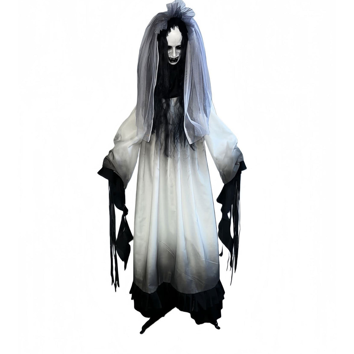 A gothic horror Halloween costume featuring a long white and black gradient dress with tattered black sleeves, a black face mask with white teeth, and a long gray veil.
