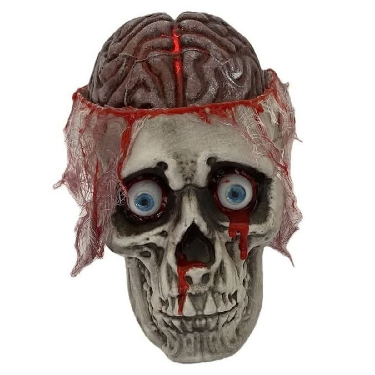 A Halloween skull prop with an open brain, featuring realistic bone texture, blue eyes, and fake red blood dripping from the forehead and mouth, set against a plain white background.