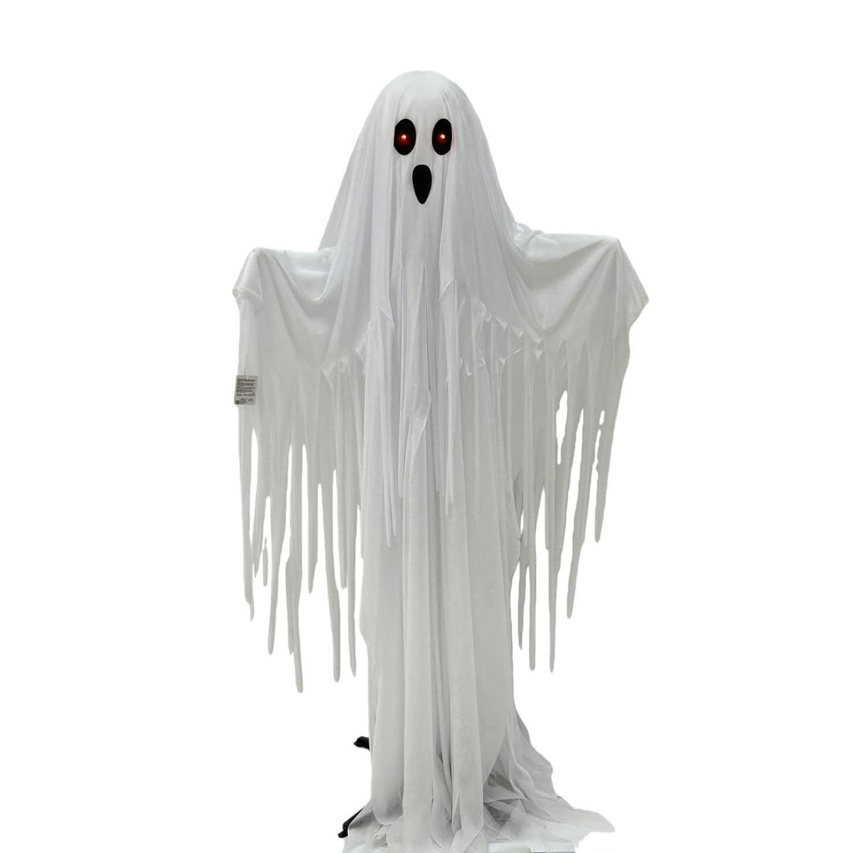 A white ghost Halloween costume with long draped fabric, tattered edges, and a face cutout featuring red eyes and a black mouth, shown against a plain white background.
