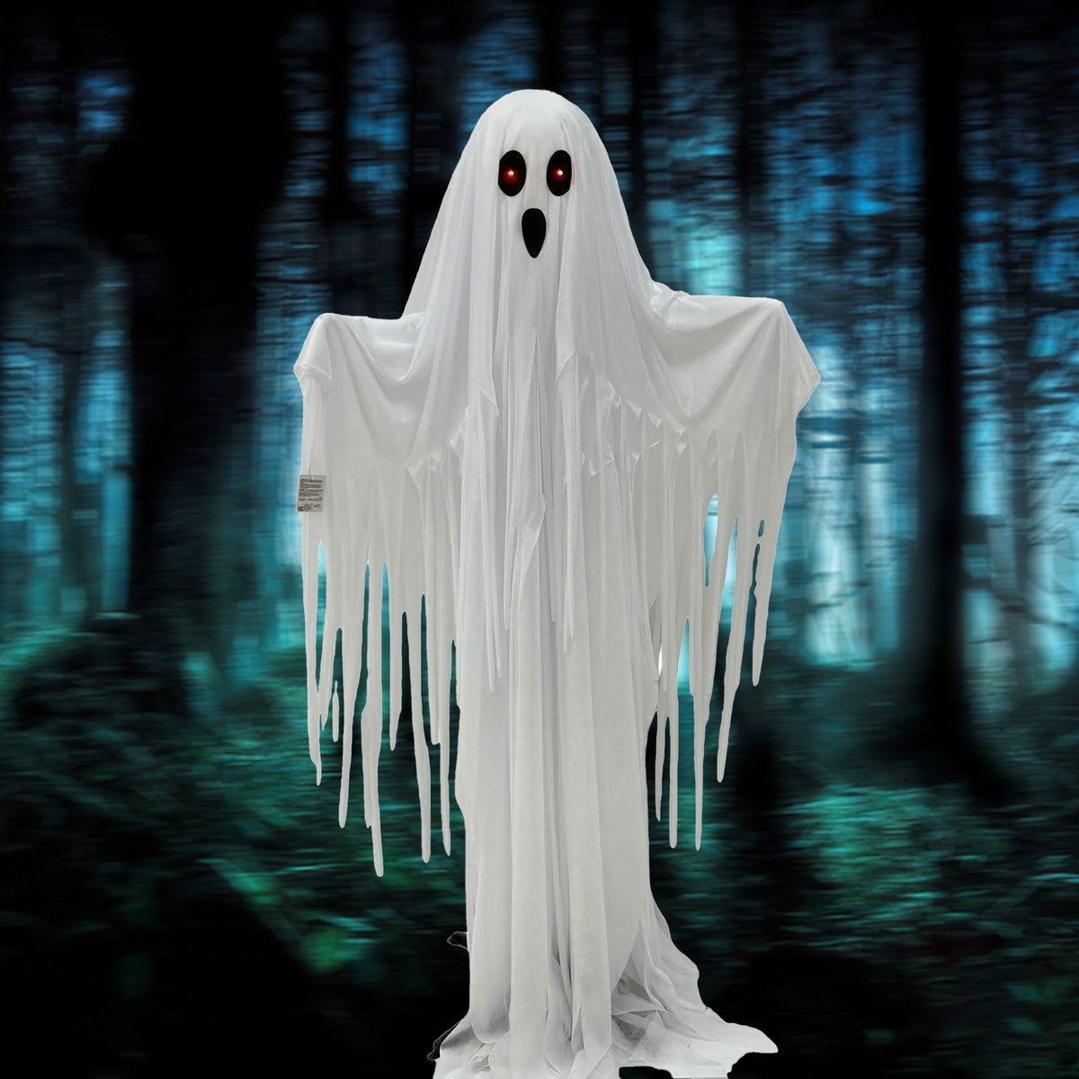 A ghost costume with a long white sheet-like body, wide arms, tattered edges, and a face opening with red eyes and a black mouth, shown against a dark blue forest background.