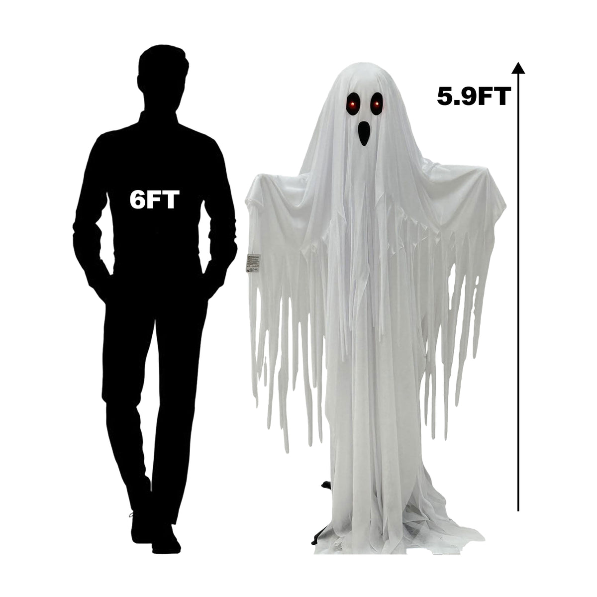 White ghost Halloween costume with long dripping fabric, black mouth, and red eyes, shown next to a black human silhouette labeled 6FT and a height arrow labeled 5.9FT on a white background.