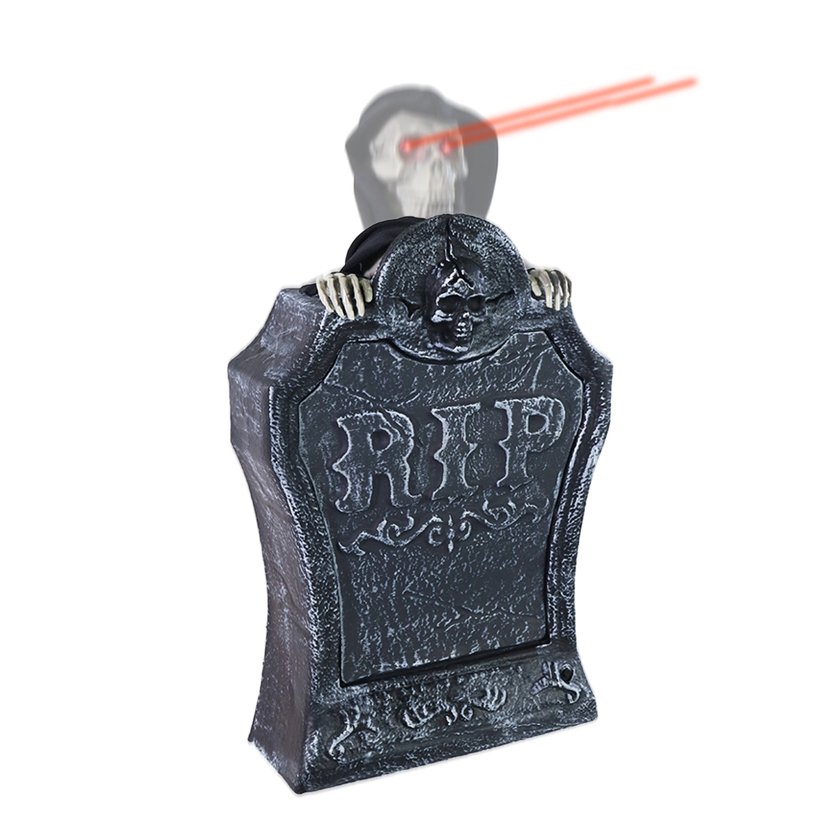 A Halloween tombstone novelty decoration with a skull and crossbones design, featuring a red laser eye sighted toward a ghostly head silhouette on a white background.