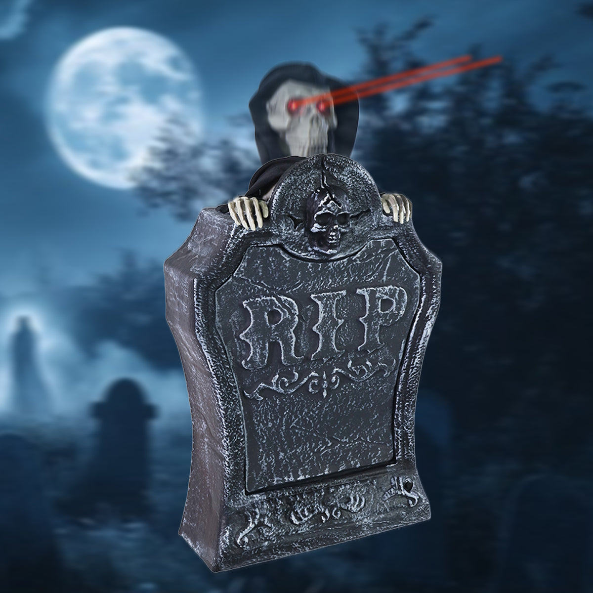 A Halloween tombstone clock decoration with a spooky hooded figure behind it, set against a dark blue moonlit forest background. The tombstone is black and gray with 'RIP' carved into the front, and the figure has red clock hands.