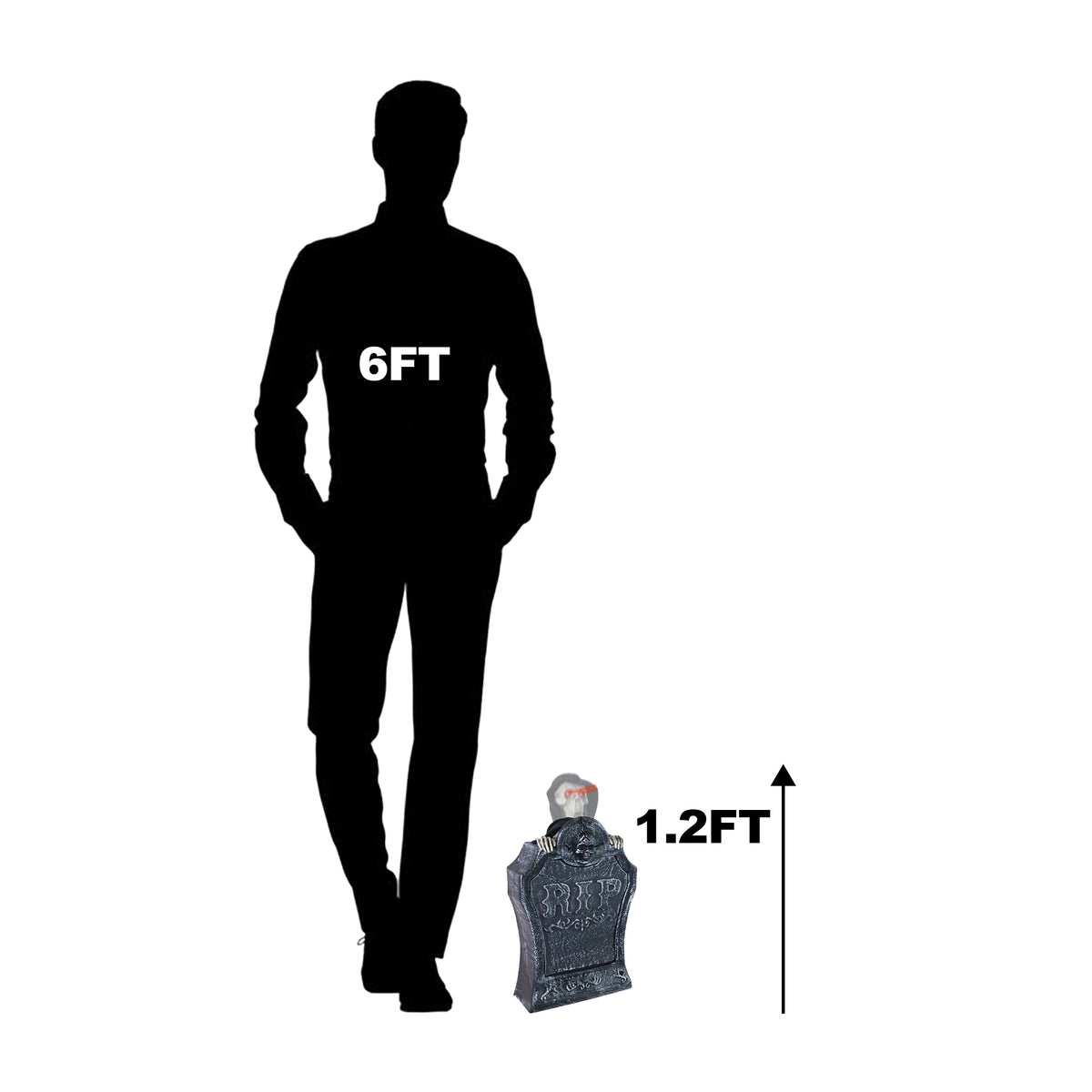 A black human silhouette labeled 6FT stands next to a small gray tombstone decoration labeled 1.2FT on a plain white background, showing the product's size relative to a person.