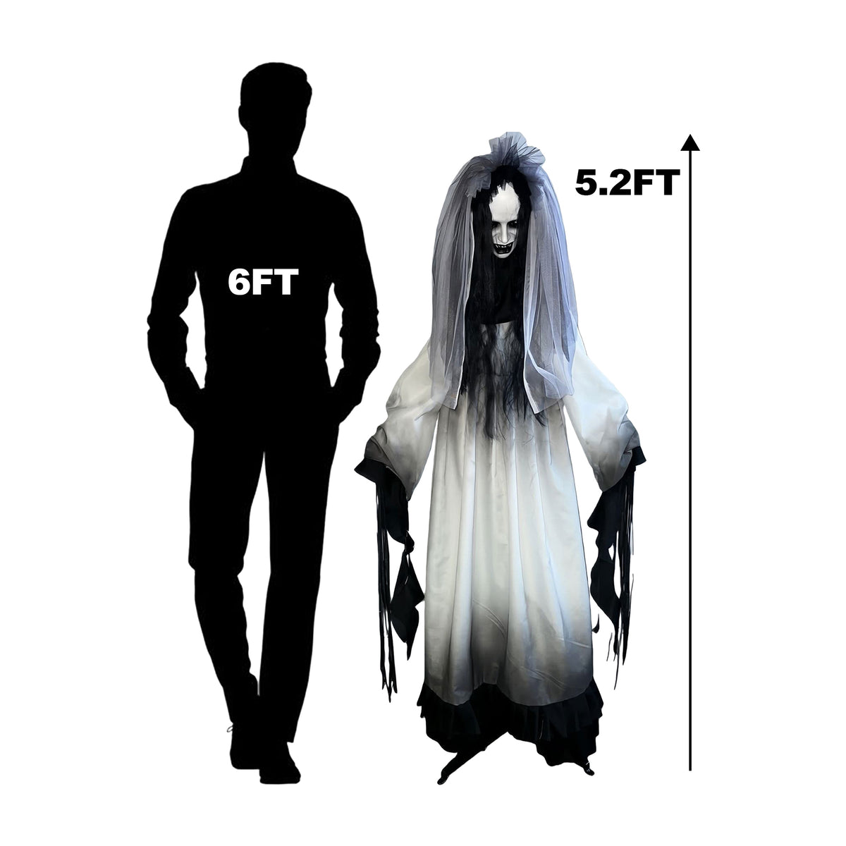 A Halloween ghost decoration shown next to a human silhouette for scale, with text indicating 6FT height on the silhouette and 5.2FT height on the decoration.