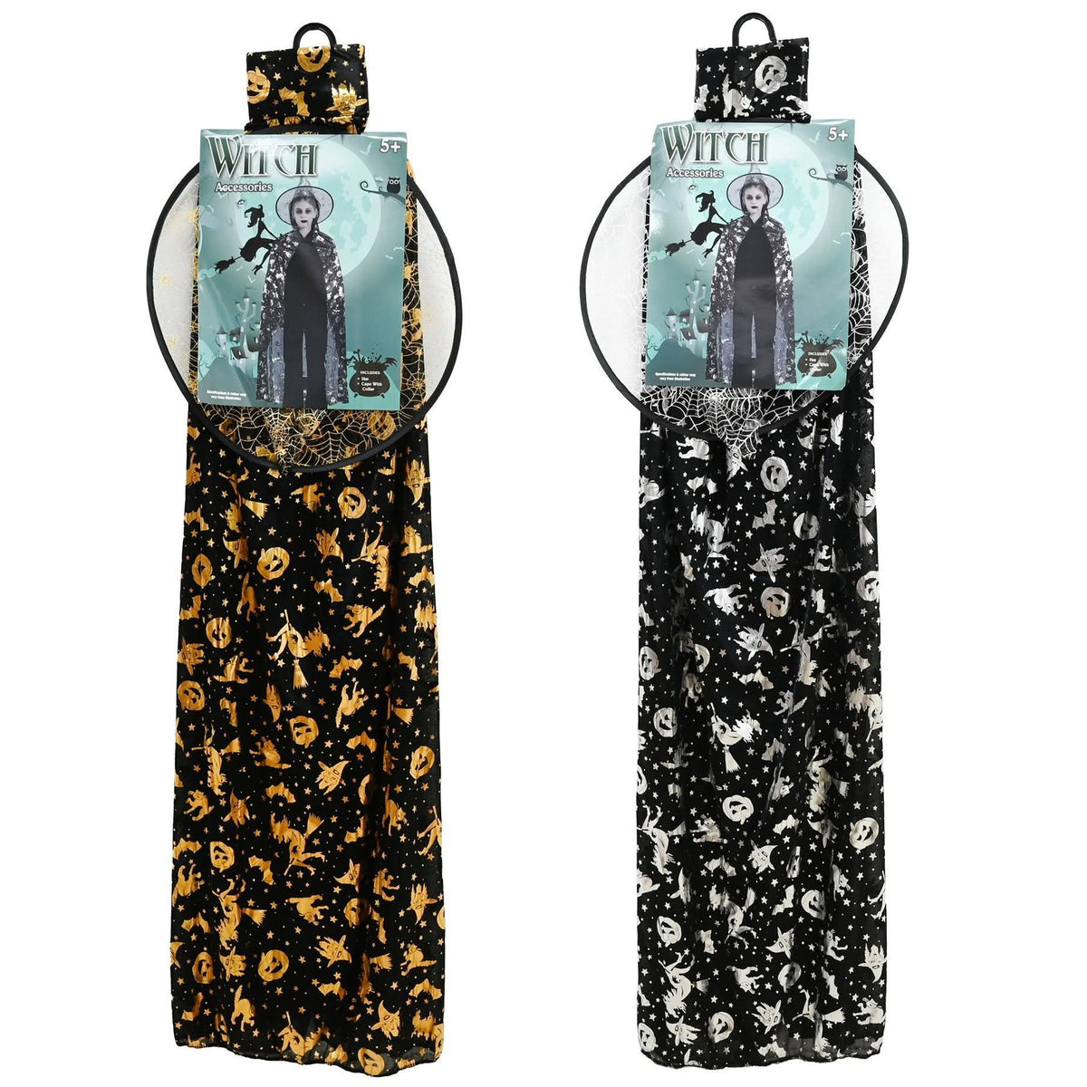 Two long Halloween dress or costume gowns hanging on black rings against a white background. The left gown is black with orange pumpkin and spider motifs, and the right gown is black with white skull and spider motifs.