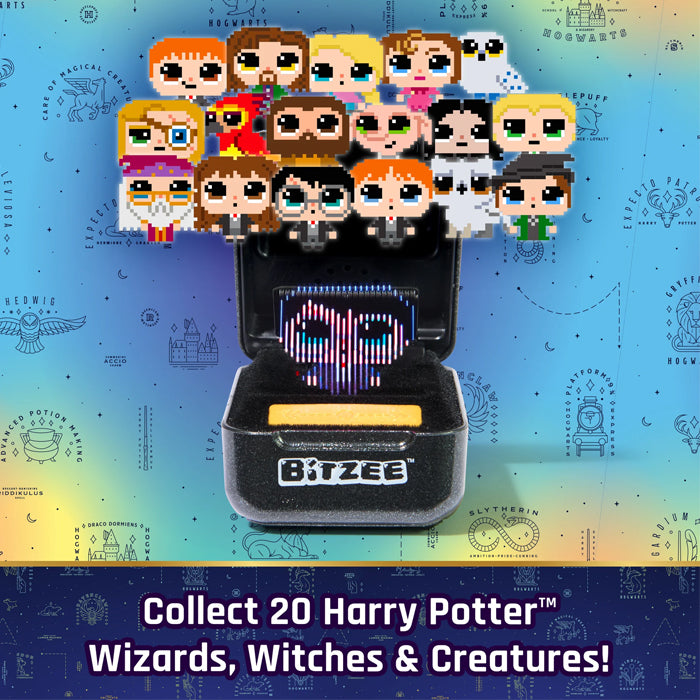 A Bitzee collectible pixel art projector displaying a colorful wizard-themed design, with 20 distinct pixel character faces projected above it. The product is set against a blue and yellow gradient background patterned with Harry Potter castle and magical motifs, and a dark purple banner at the bottom reads 'Collect 20 Harry Potter Wizards, Witches & Creatures!'.