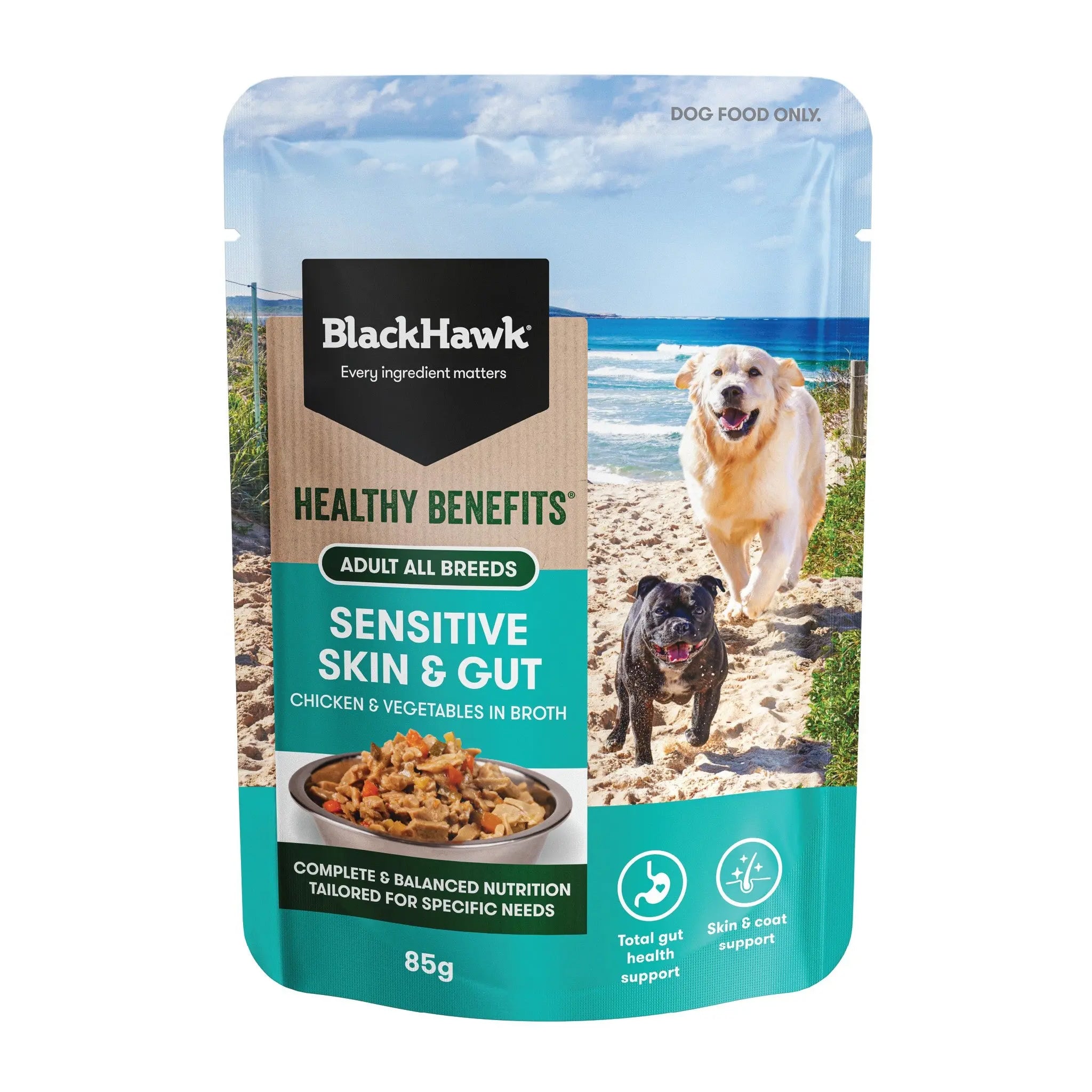 Black Hawk Healthy Benefits Sensitive Skin & Gut Wet Dog Food 85g – 12 Pack