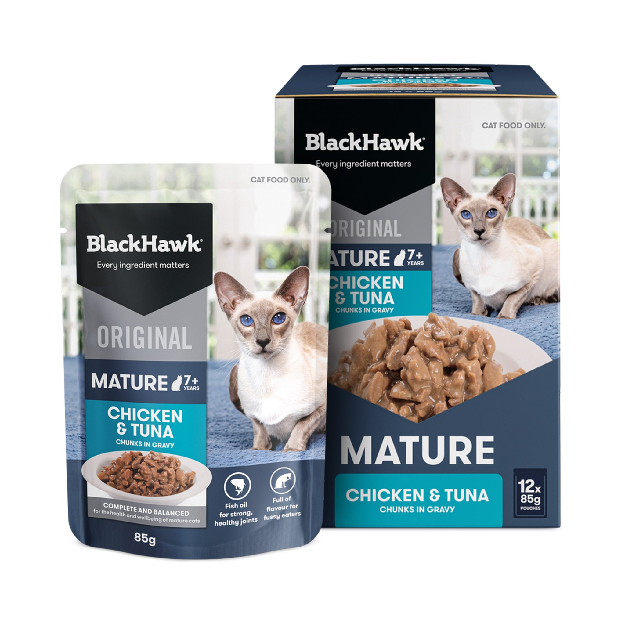Black Hawk Original Mature 7+ Chicken & Tuna Chunks in Gravy Wet Cat Food 85g x 12