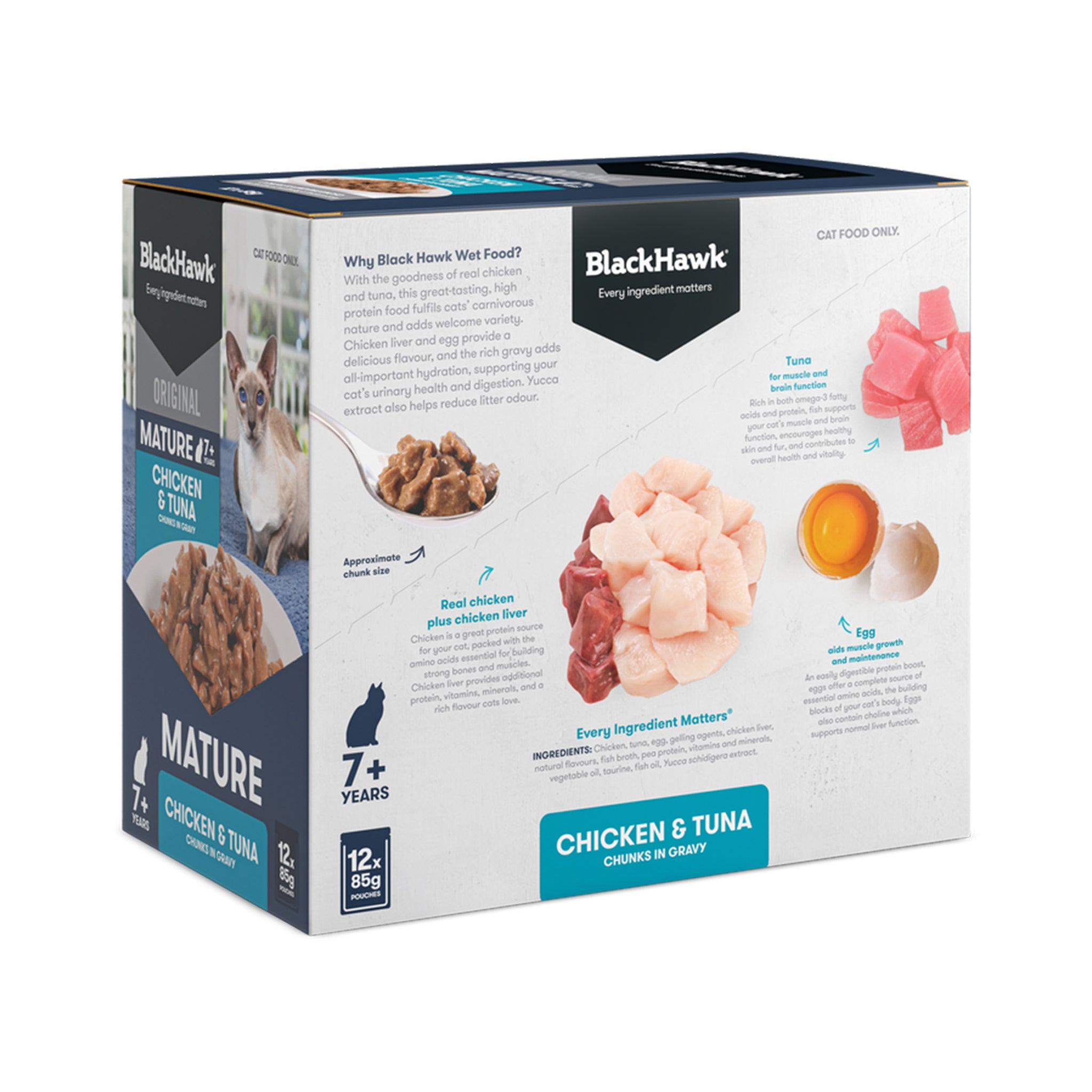 Black Hawk Original Mature 7+ Chicken & Tuna Chunks in Gravy Wet Cat Food 85g x 12