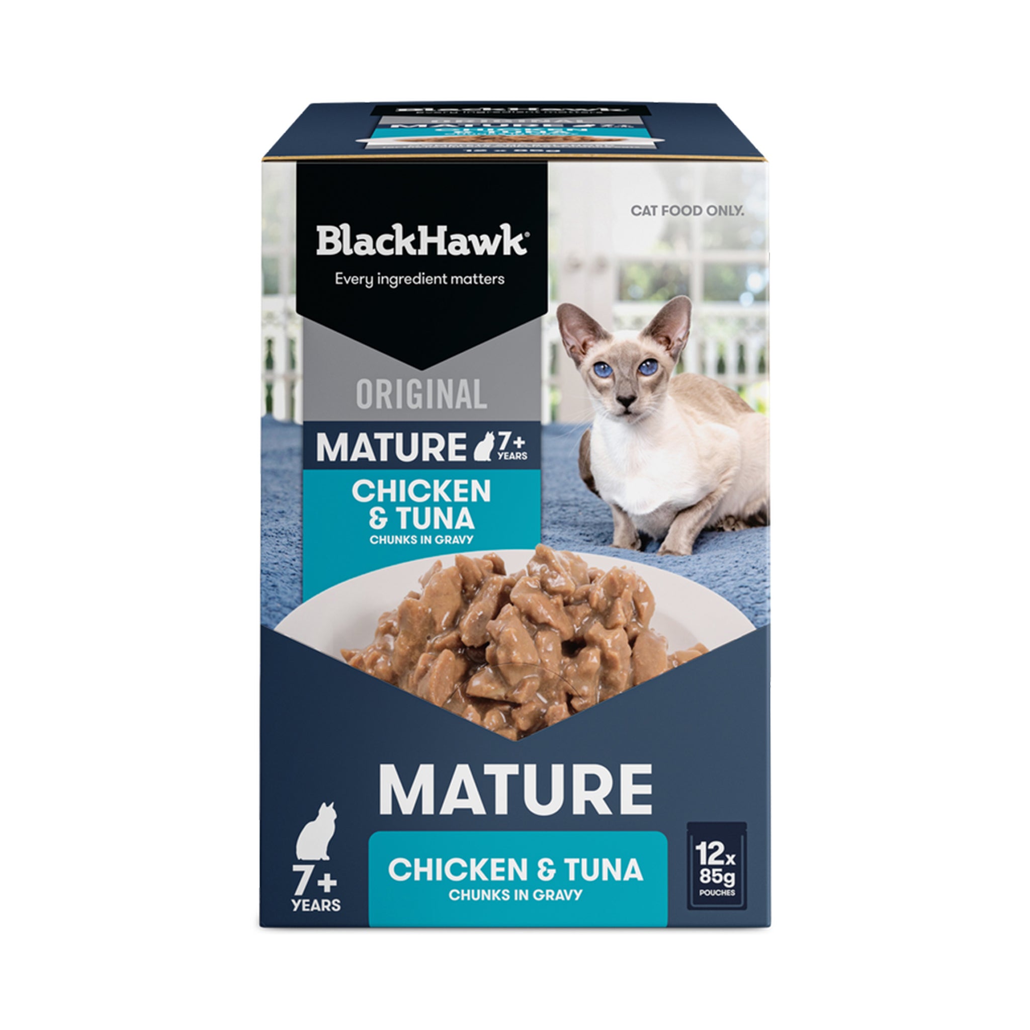 Black Hawk Original Mature 7+ Chicken & Tuna Chunks in Gravy Wet Cat Food 85g x 12