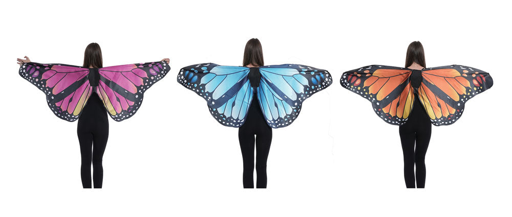 Three butterfly wing costumes in pink, blue, and orange on a white background
