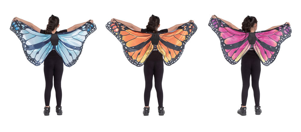 Three butterfly wing costumes in blue, orange, and pink on a white background