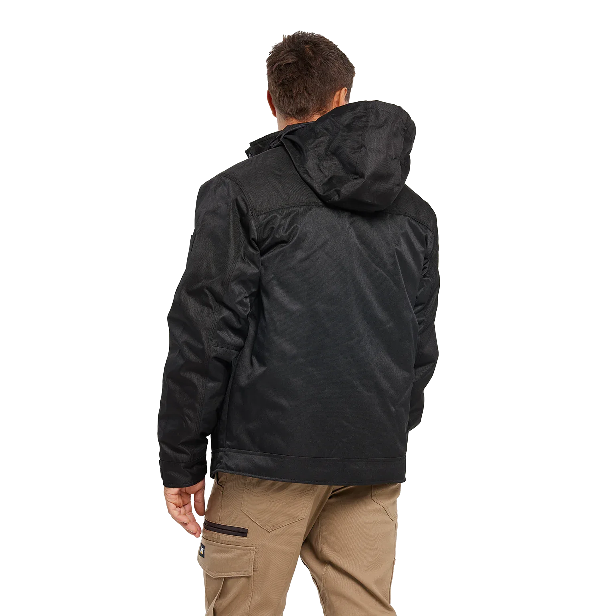 A man viewed from behind wearing a black hooded jacket and tan cargo pants against a plain white background.