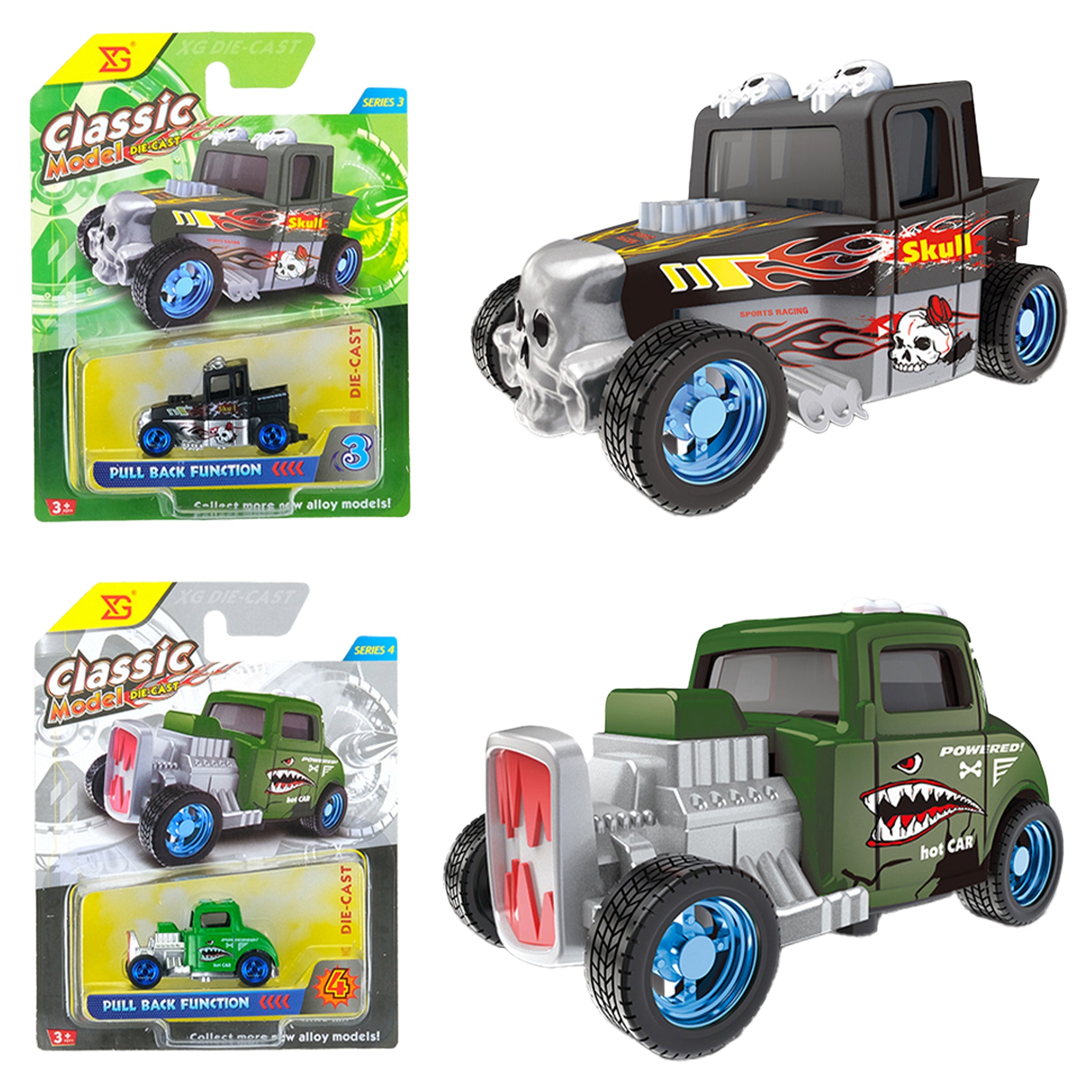 Cartoon Die Cast Pull Back Hot Rods assorted