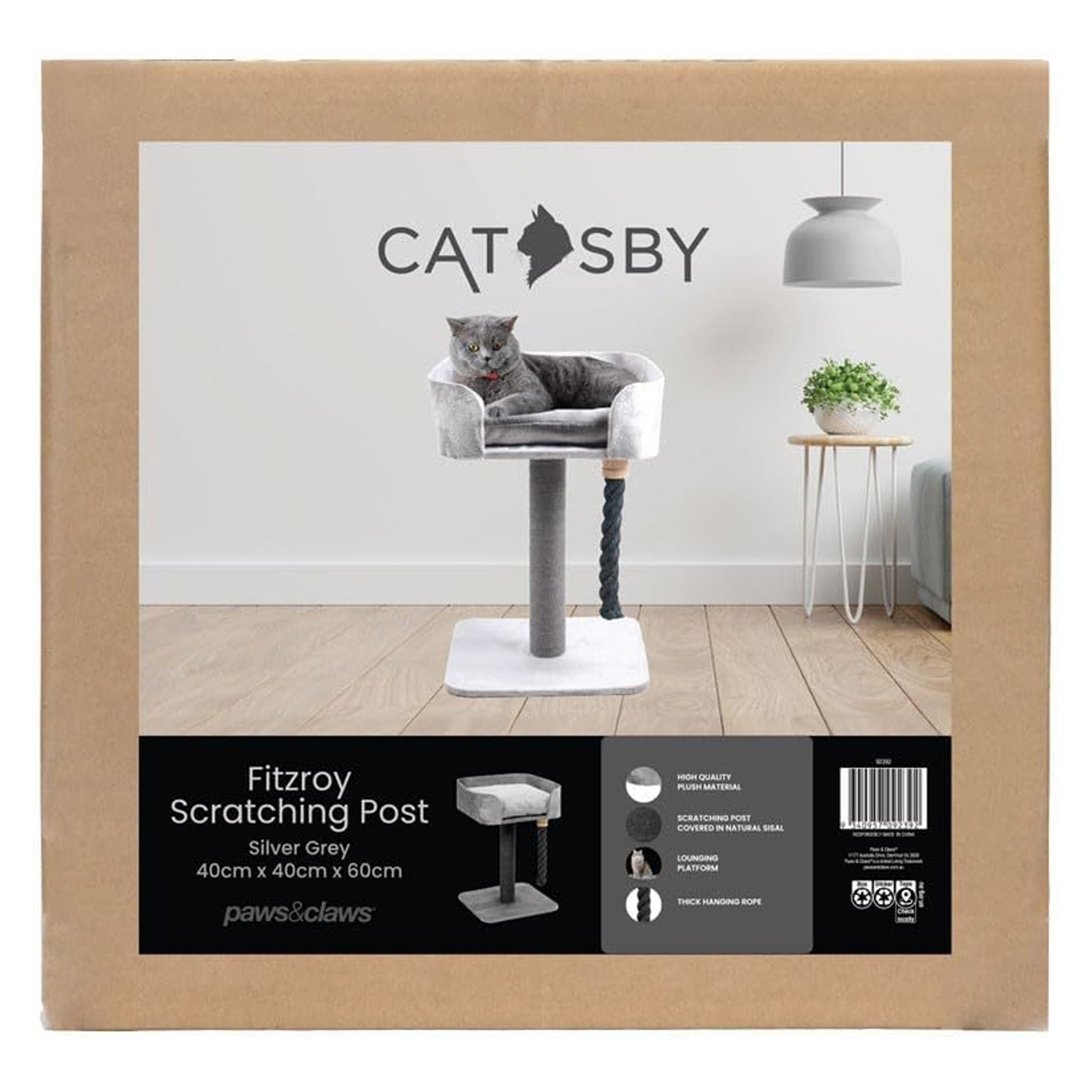Castby Fitzroy Scratching Post – Chinchilla Plush (40 × 40 × 60cm)