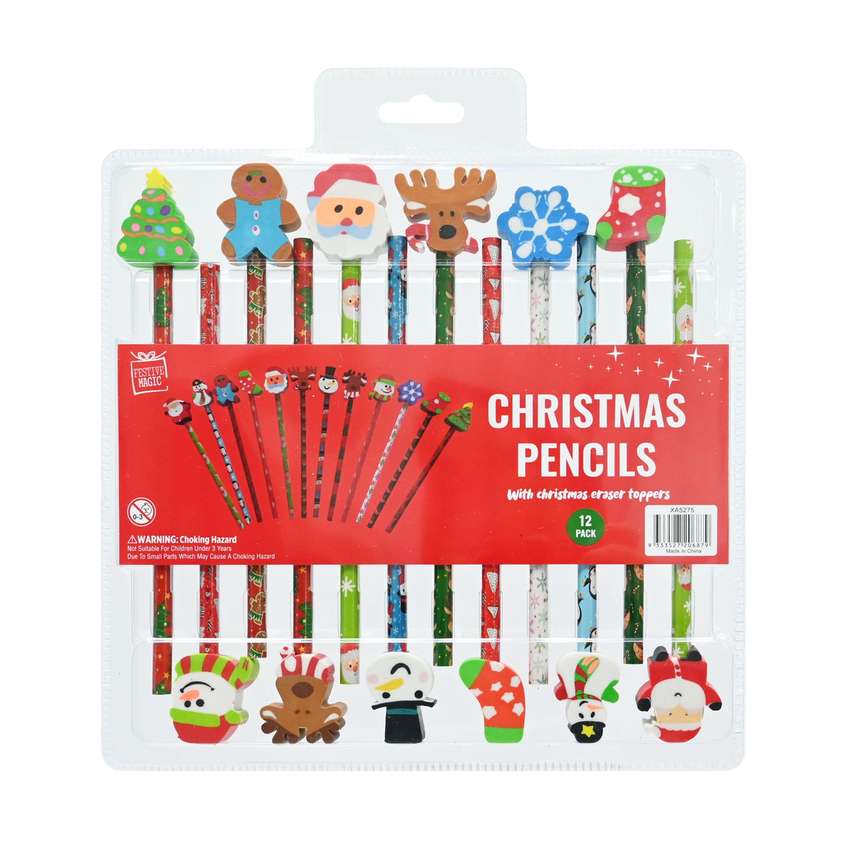 Christmas Pencils/Erasers Set 12pc