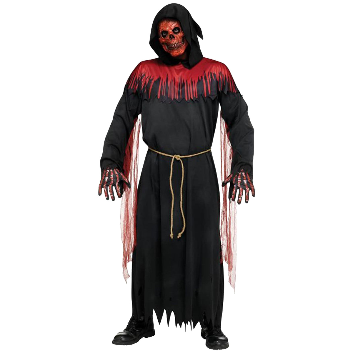 A full-body Halloween costume shown on a person against a plain white background. The costume is a black hooded grim reaper robe with red tattered trim across the shoulders and along the hanging sleeves, a tan rope belt, and skeletal-style hands.