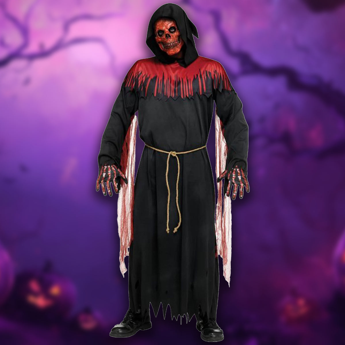 A person wearing a grim reaper Halloween costume stands against a purple spooky background. The costume includes a black hooded robe with red fringed trim across the chest, a tan rope belt, and tattered red-and-white fabric panels hanging at the sides.