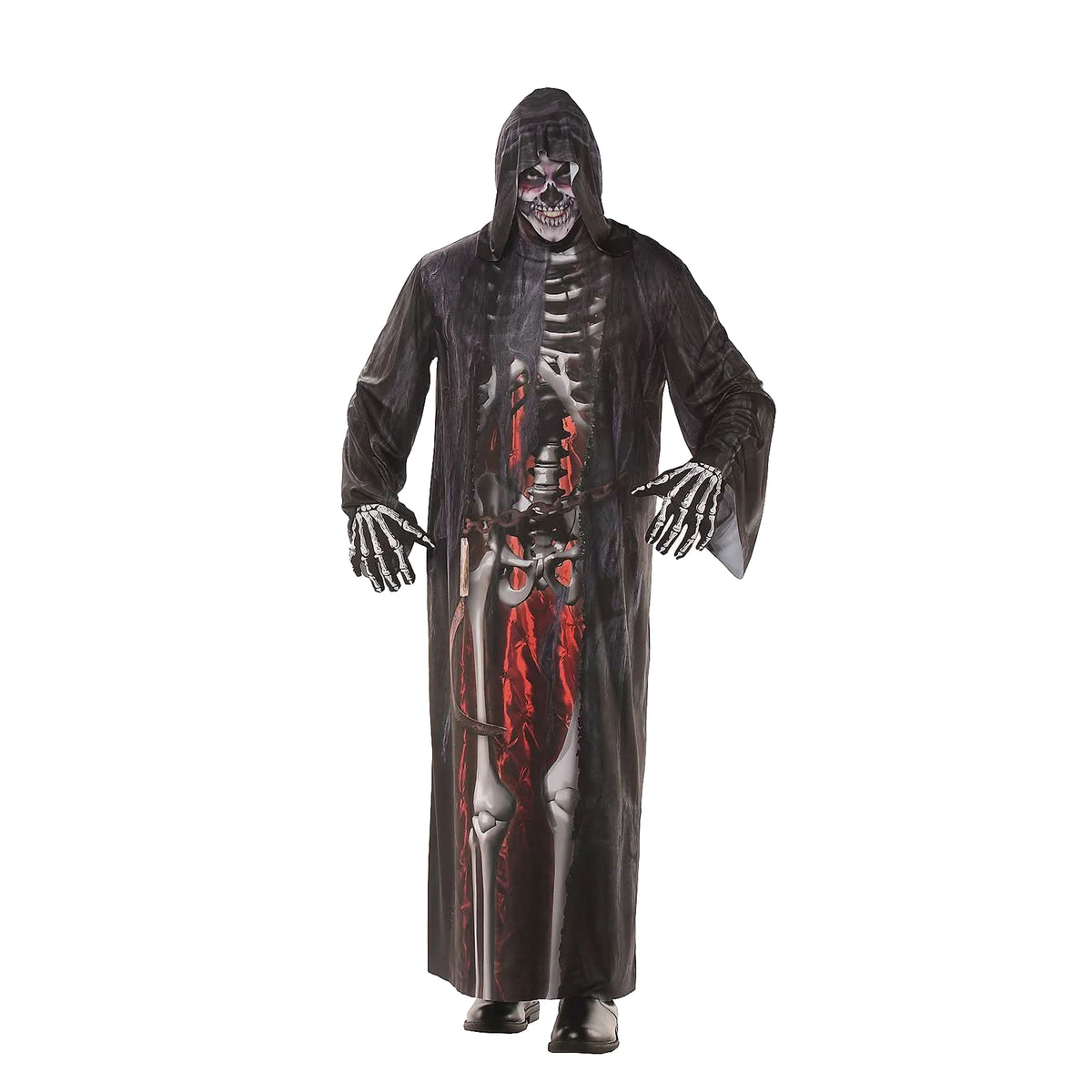 A full-body grim reaper Halloween costume shown on a headless mannequin against a plain white background. The costume includes a hooded robe in dark charcoal/black with a printed skeleton and red blood effect, along with skeletal gloves and shoes.