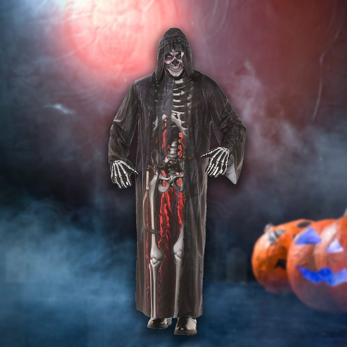 A Halloween costume featuring a hooded grim reaper robe with printed bones and red blood details, shown against a smoky, red-lit background with jack-o'-lanterns.