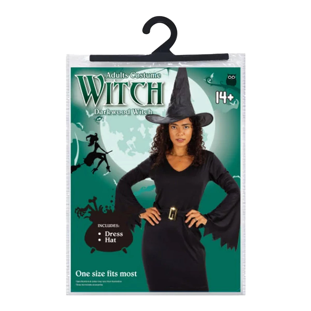 Adults Costume Darkwood Witch costume package on a hanger, featuring a model wearing a black long-sleeve dress with bat-wing shaped cuffs, a black pointed witch hat, and a black belt with a gold buckle, set against a teal background.