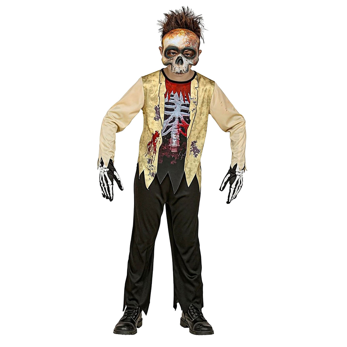 A child modeling a zombie Halloween costume against a plain white background. The costume includes a beige long-sleeve shirt, a gold vest with red blood splatter details, a black t-shirt underneath with a red graphic, black pants, and black skeleton-print gloves.