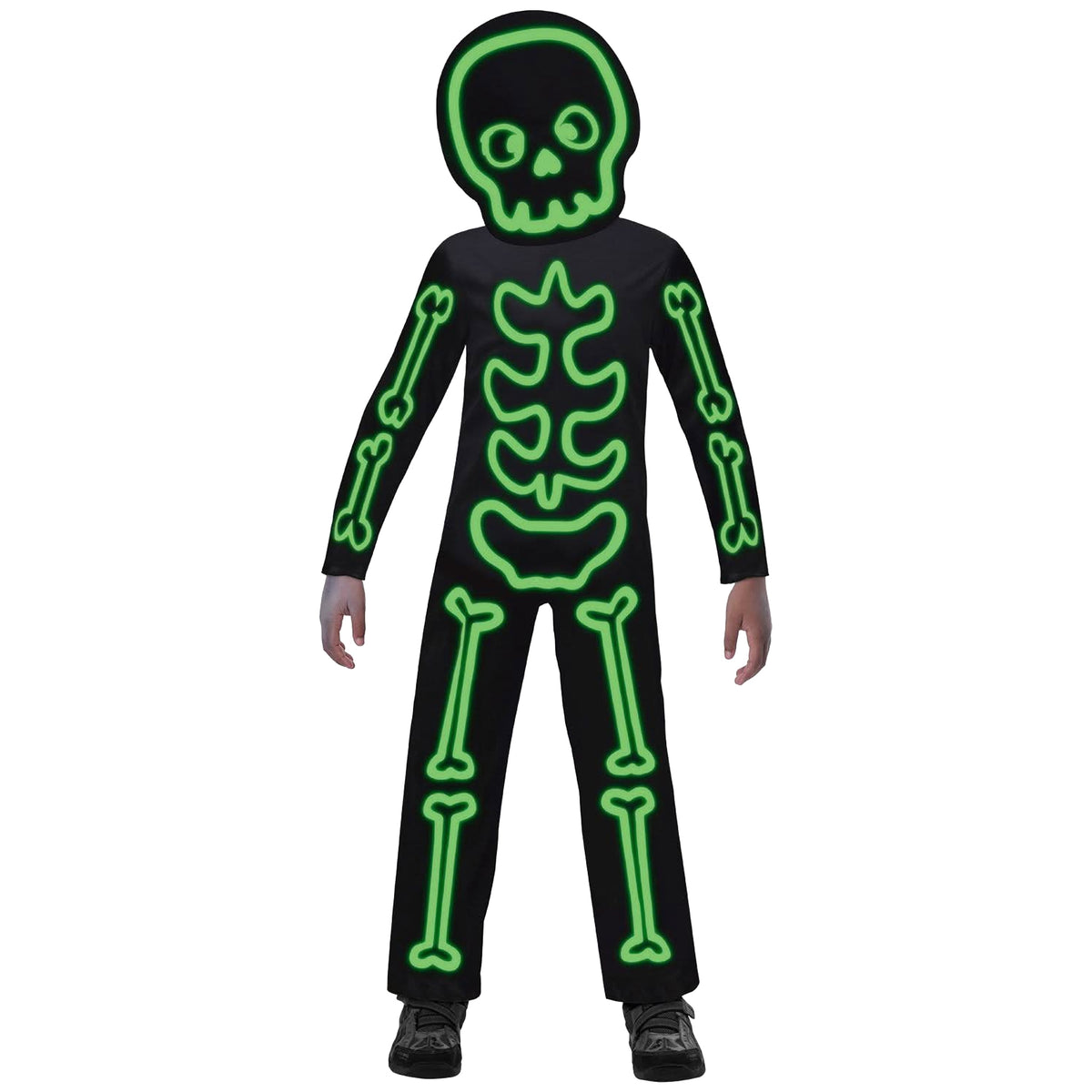 A child wearing a black skeleton costume with glowing neon green bone outlines, including a skull on the hood, against a plain white background.