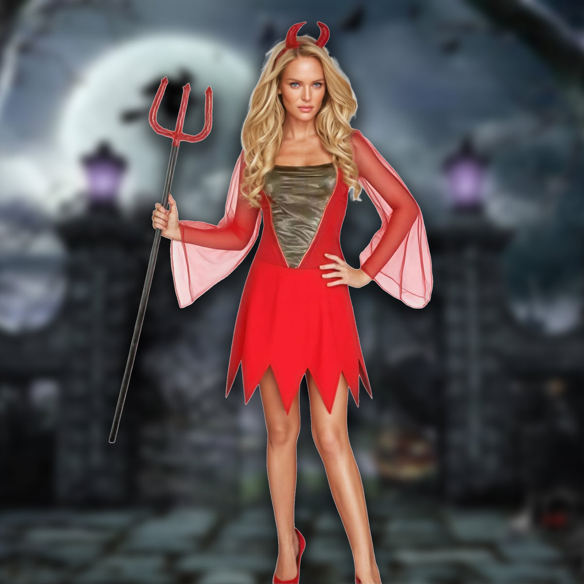 A woman modeling a devil costume with red horns, a red dress, sheer pink sleeves, and a metallic bronze top, holding a red pitchfork against a dark gothic background.