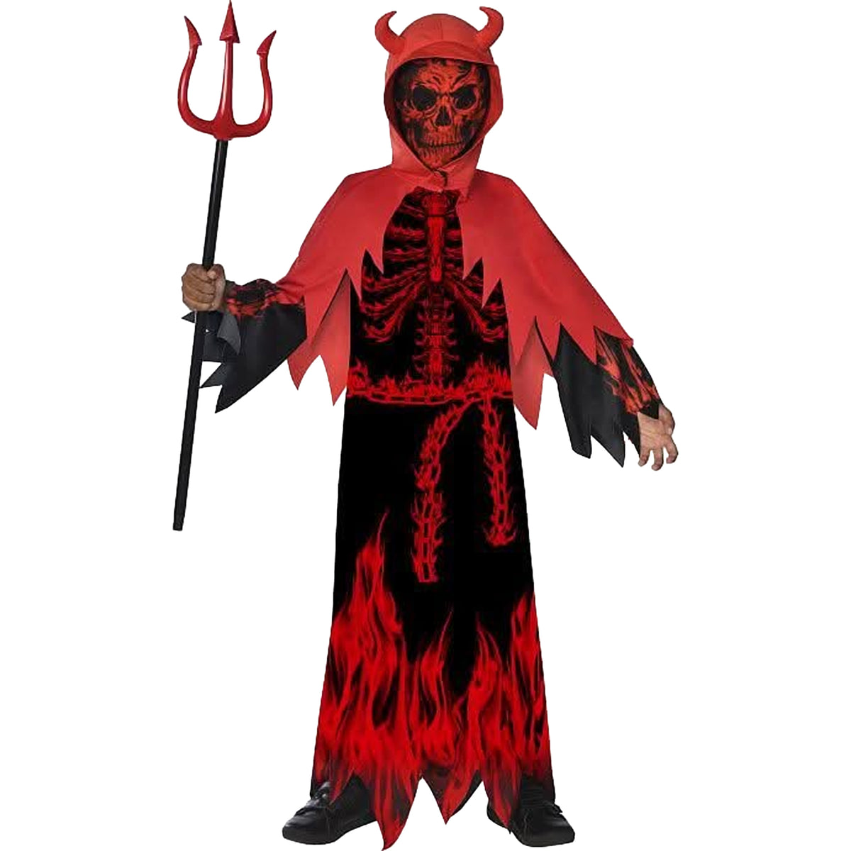 Child's devil costume featuring a red hood with horns, a red and black skeleton print bodysuit, and red flame graphics on a black skirt, shown with a red trident prop against a white background.