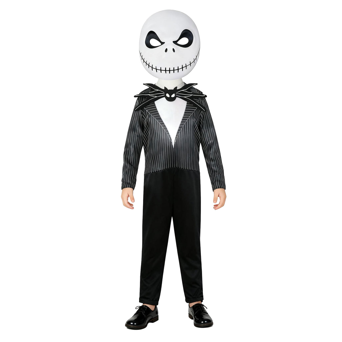 A child's Jack Skellington costume featuring a white mask with black facial details, a black and white pinstripe jacket, a black bow tie, a white shirt, and black pants, shown against a plain white background.