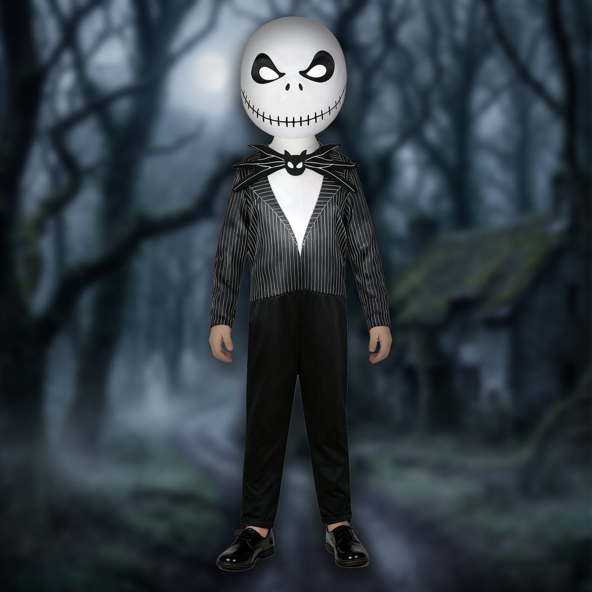 A child wearing a Jack Skellington Halloween costume, featuring a white skull mask with black eyes and stitched smile, a black and white pinstripe jacket, a black bow tie, black vest, and black pants, set against a dark, misty forest background.