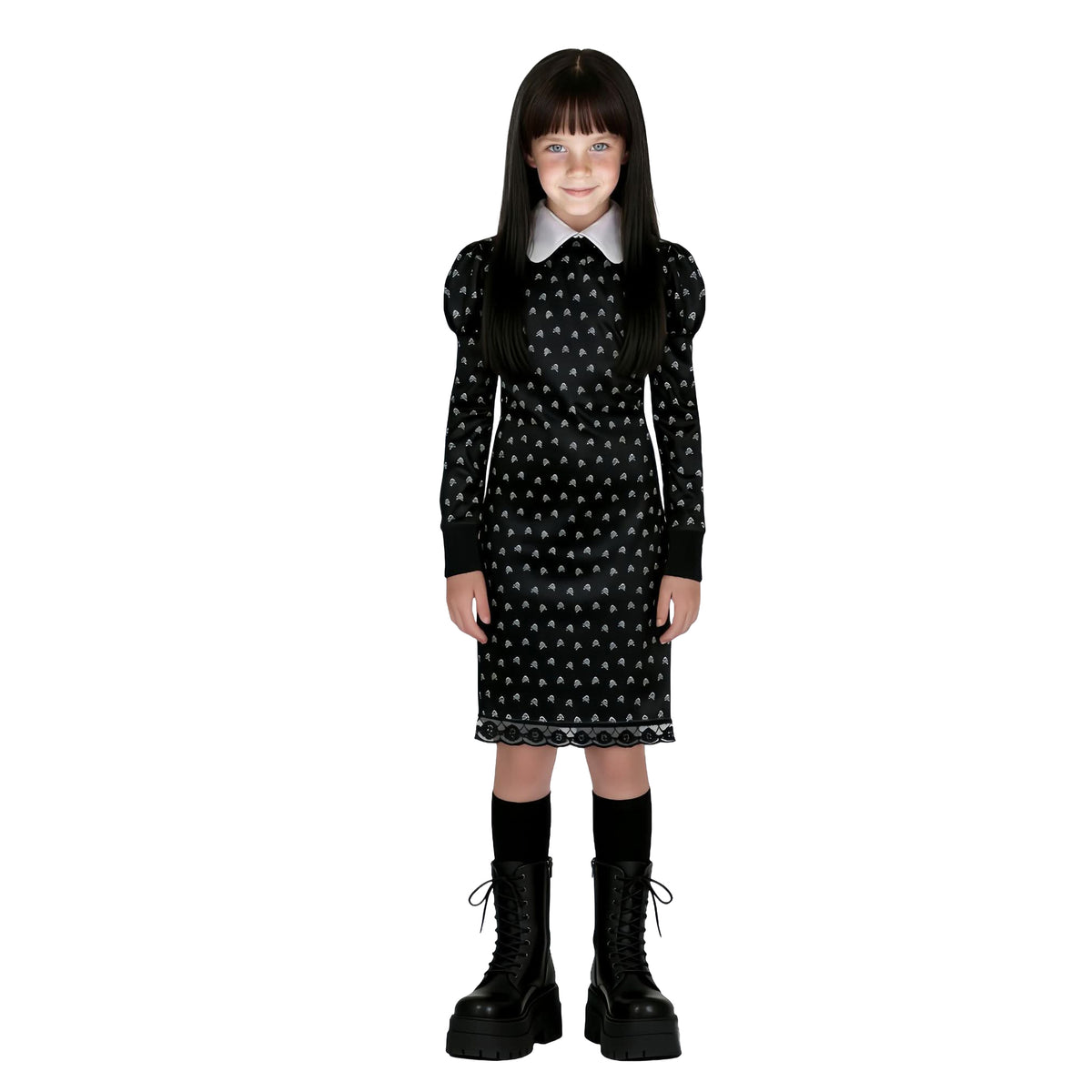 A young girl modeling a black Wednesday Addams-inspired dress with a white collar and white polka dots, paired with black socks and black boots, on a solid white background.