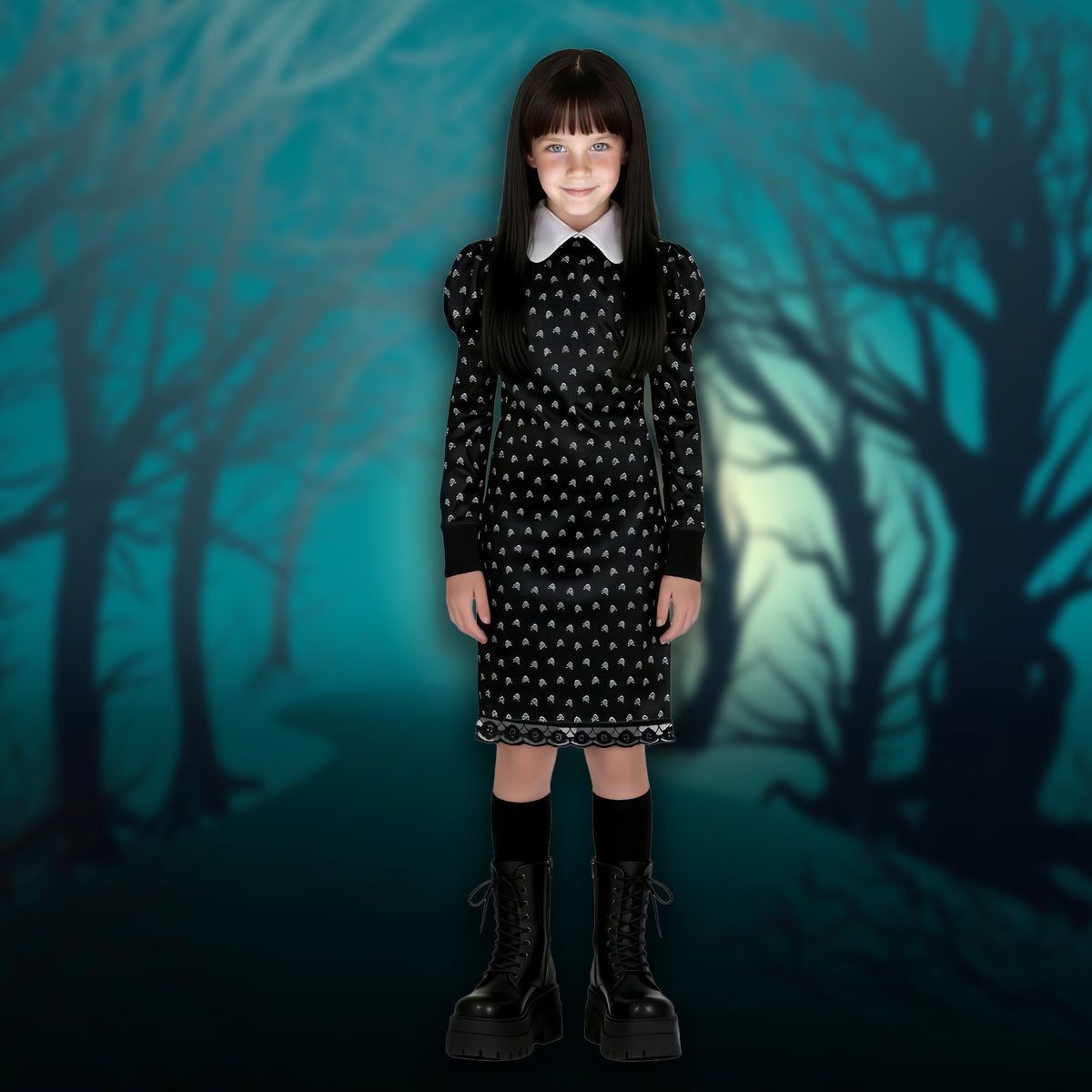 A young girl modeling a black dress with a white collar and small white heart pattern, paired with black knee-high socks and black lace-up boots, set against a dark teal forest background.