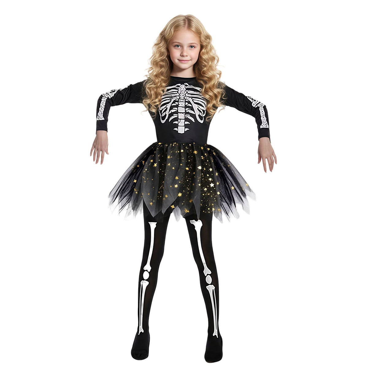 A young girl modeling a black skeleton-themed Halloween costume with a long-sleeve top featuring a white printed rib cage, a black tutu skirt with gold star details, matching black tights with white bone prints, and black shoes, set against a plain white background.