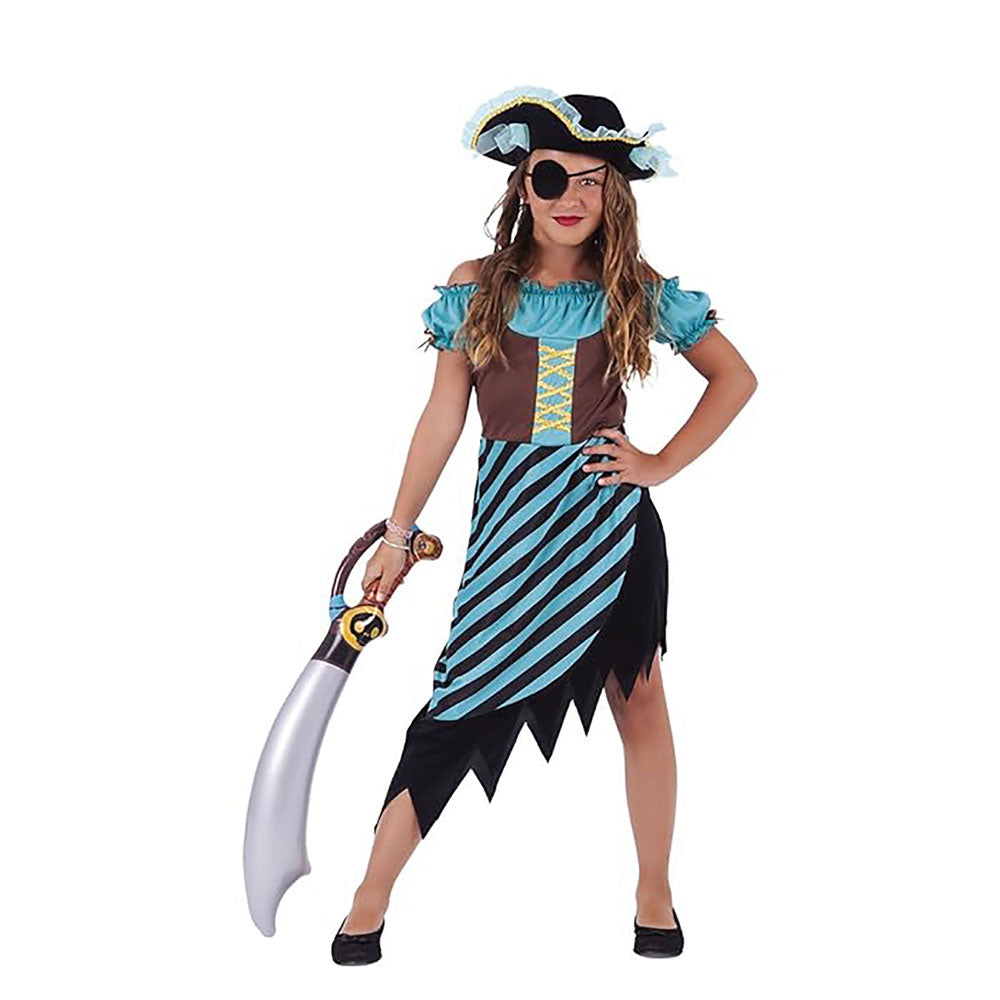 Child in a pirate costume with a sword on a white background