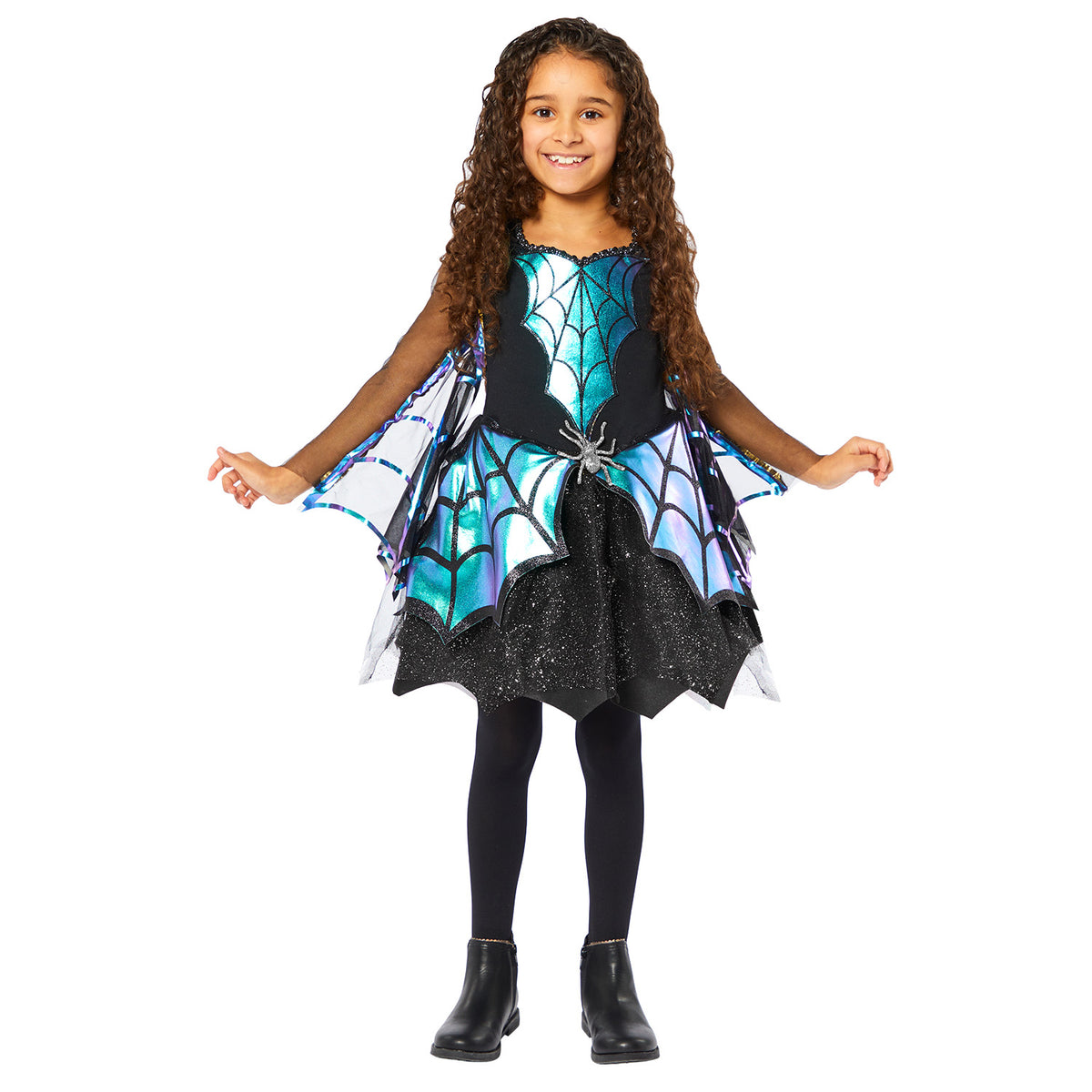 Child wearing a spider web-themed costume on a white background