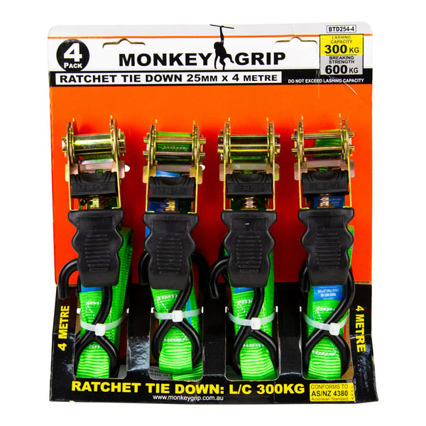 MONKEY GRIP Ratchet Tie Down 4m x 25mm 300kg (4pce)