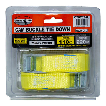 MONKEY GRIP Cam Buckle Tie Down 110KG Capacity 25mm x 2m Webbing (2pce)