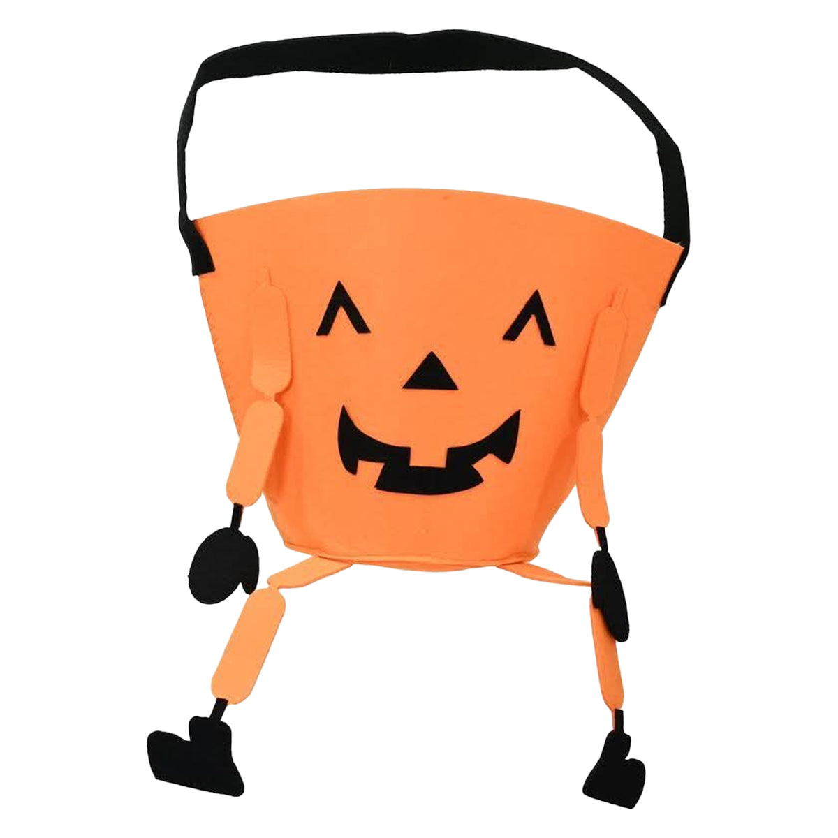 An orange pumpkin-shaped Halloween bucket bag with a black handle, black facial features, and black legs, shown on a plain white background.