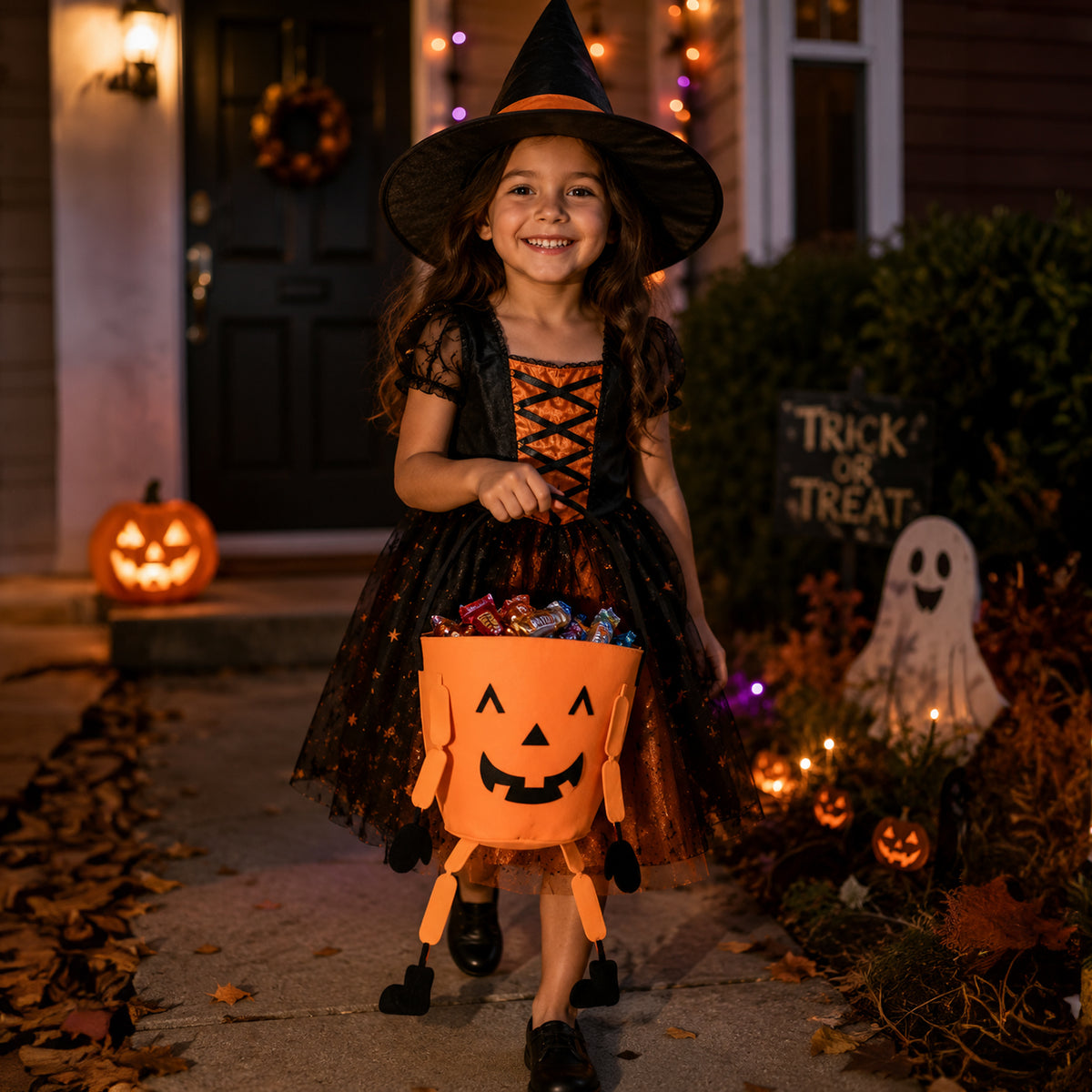 A young girl wearing a witch costume stands on a front porch at night, smiling and holding an orange jack-o'-lantern-shaped bucket filled with candy. The porch is decorated for Halloween with a glowing jack-o'-lantern, a ghost decoration, and colorful string lights.