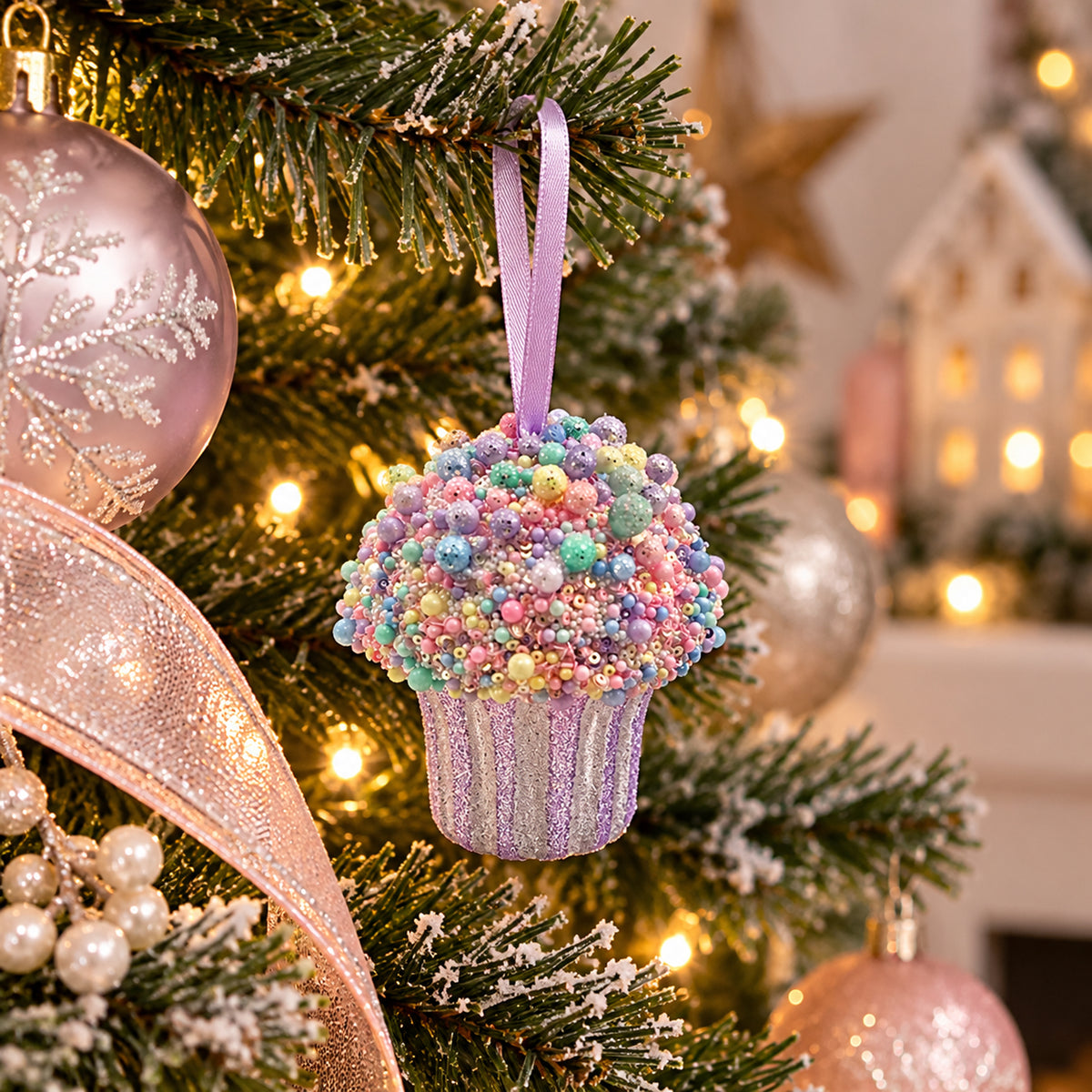 Christmas Tree Cupcake Purple Ornaments Decoration 10x10cm