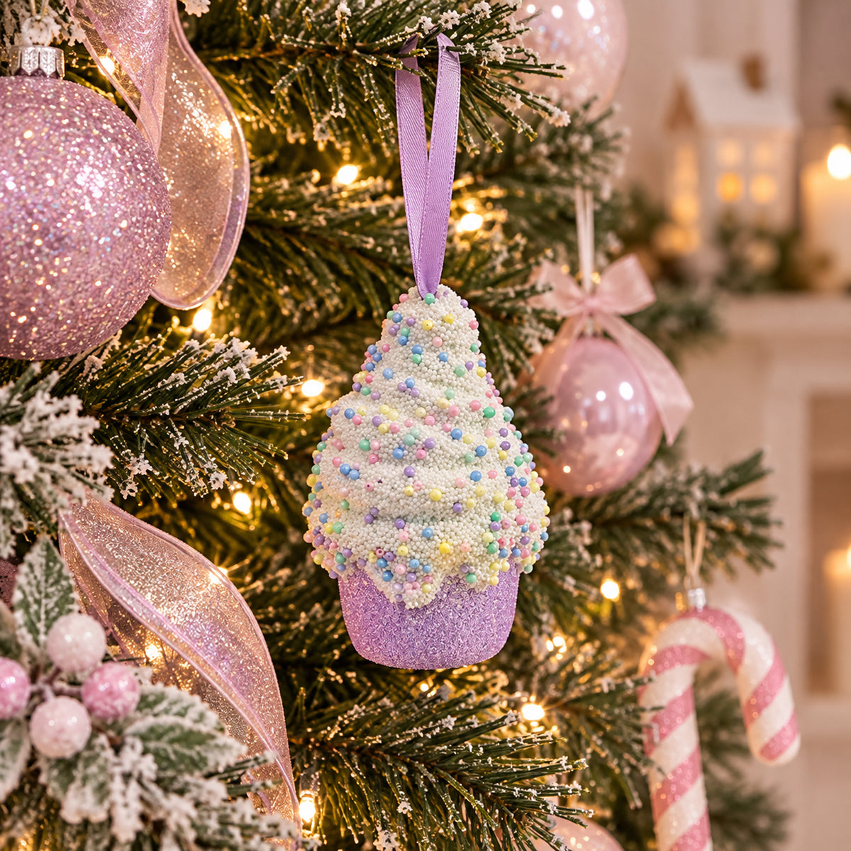 Christmas Tree Cupcake Purple Ornaments Decoration 12x8cm