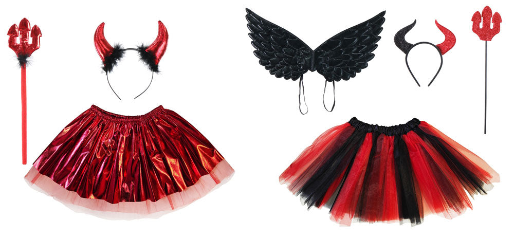 Devil-themed costume set with red and black tutu, wings, horns, and staff on a white background.
