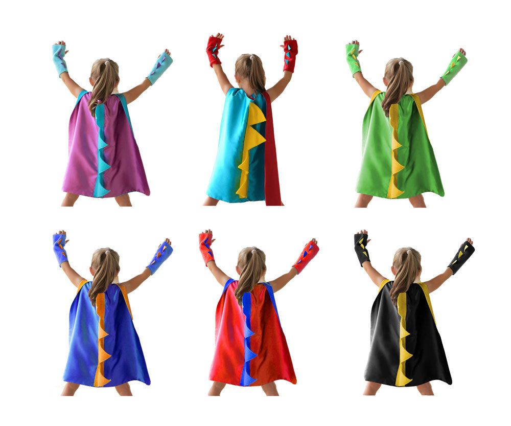 Set of colorful superhero capes worn by a person on a white background