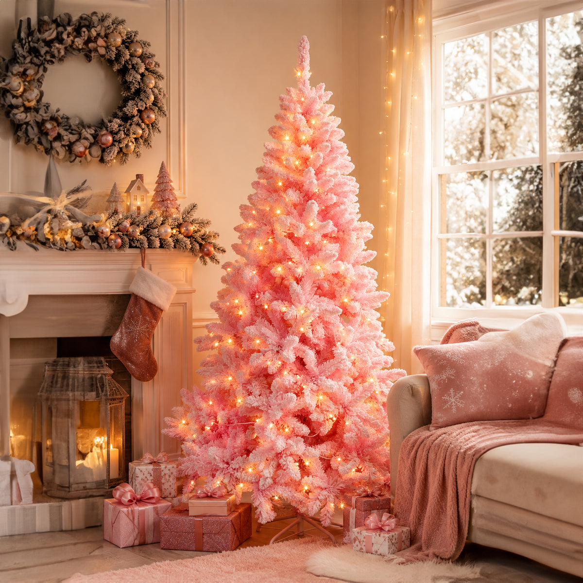 Flocked Tree 210cm Pre-Lit - Pink