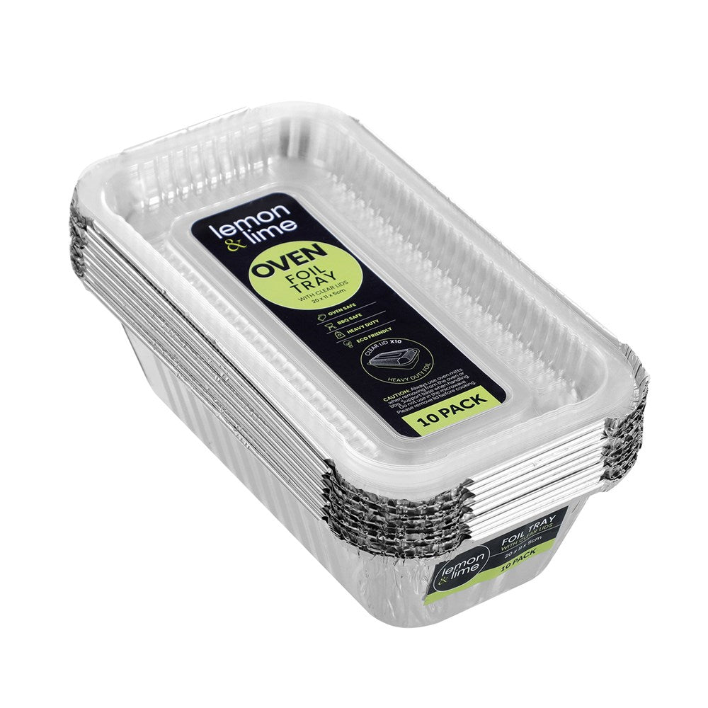 Foil Trays with Plastic Lids – 20 × 11 × 5cm (10 Pack)